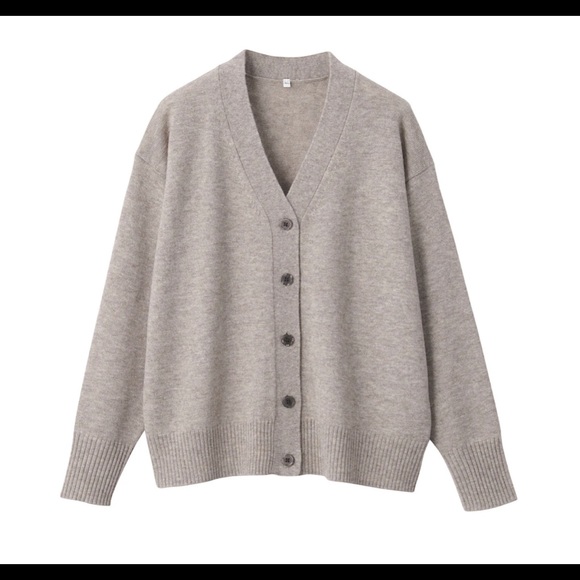 MUJI - Womens Yak Blend Wool V Neck Cardigan - OATMEAL - Picture 2 of 5